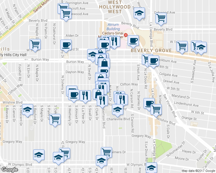 map of restaurants, bars, coffee shops, grocery stores, and more near 8743 Clifton Way in Beverly Hills