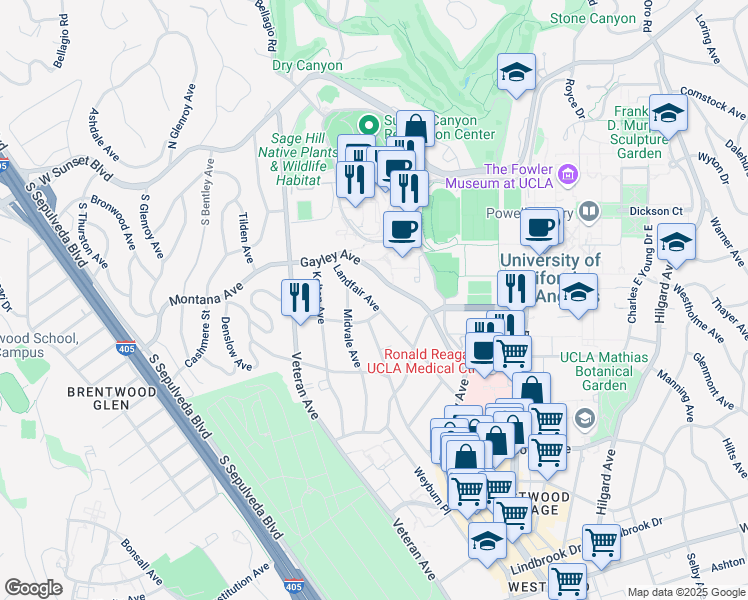 map of restaurants, bars, coffee shops, grocery stores, and more near 442 Landfair Avenue in Los Angeles