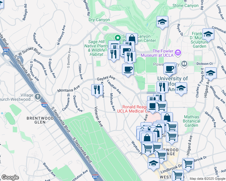 map of restaurants, bars, coffee shops, grocery stores, and more near 442 Landfair Avenue in Los Angeles