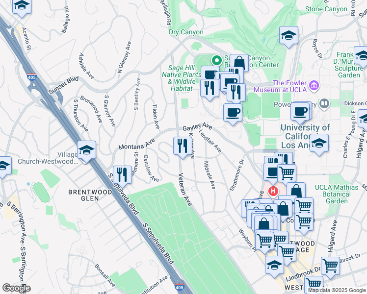 map of restaurants, bars, coffee shops, grocery stores, and more near 423 1/2 Veteran Avenue in Los Angeles