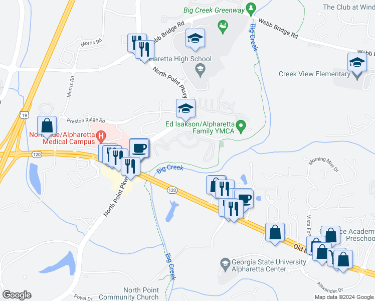 map of restaurants, bars, coffee shops, grocery stores, and more near 3034 Elite Lane in Alpharetta