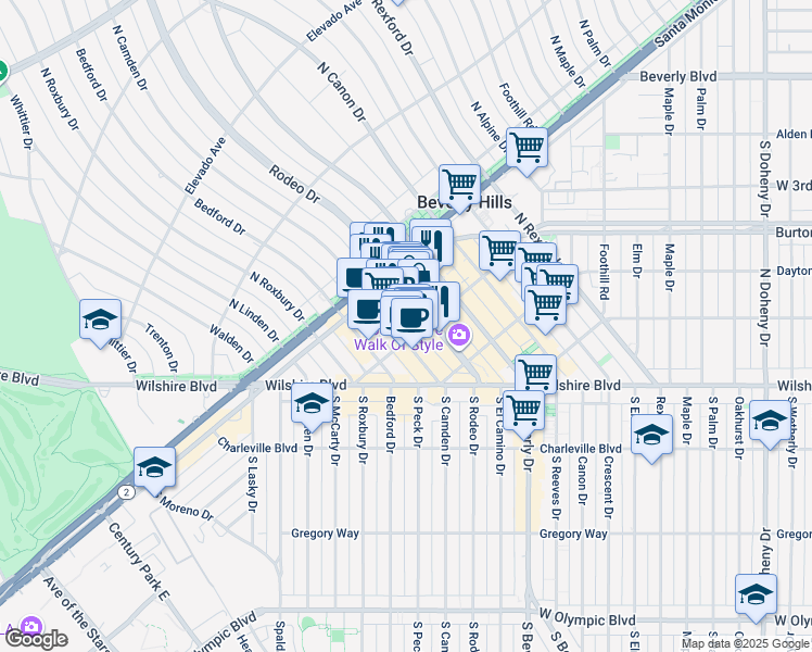 map of restaurants, bars, coffee shops, grocery stores, and more near 414 North Camden Drive in Beverly Hills