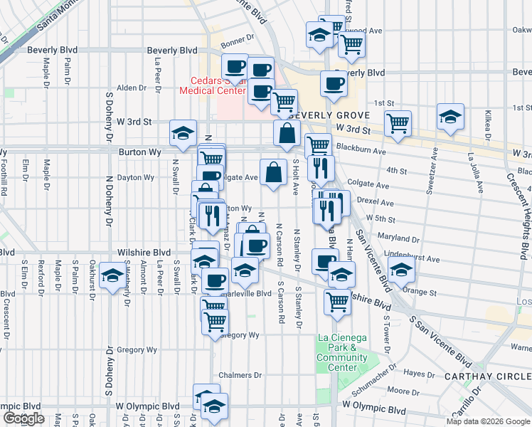 map of restaurants, bars, coffee shops, grocery stores, and more near 164 North Willaman Drive in Beverly Hills