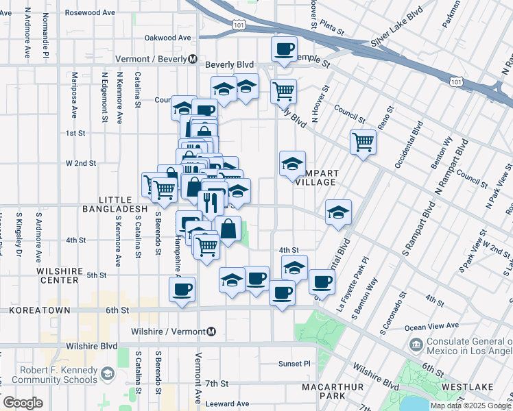 map of restaurants, bars, coffee shops, grocery stores, and more near 3311 West 3rd Street in Los Angeles