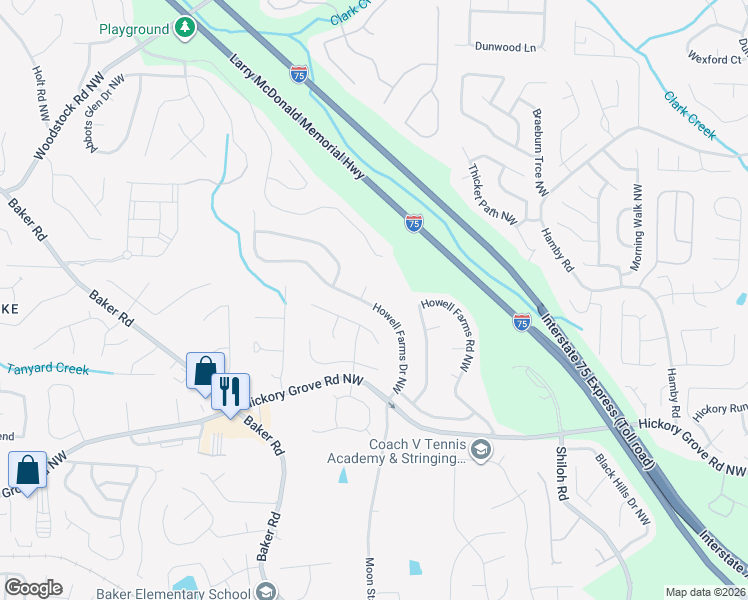 map of restaurants, bars, coffee shops, grocery stores, and more near 4630 Howell Farms Drive Northwest in Acworth