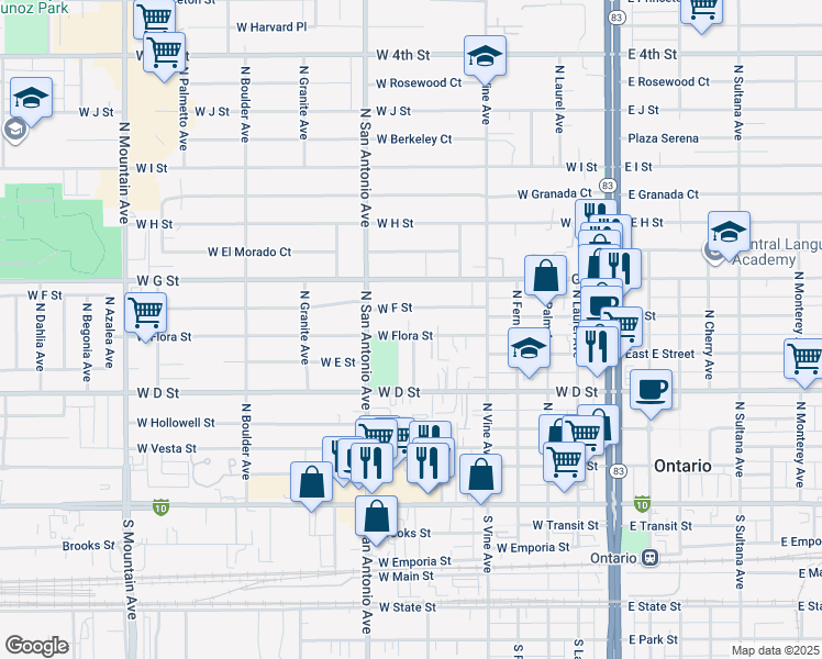 map of restaurants, bars, coffee shops, grocery stores, and more near 618 West Flora Street in Ontario