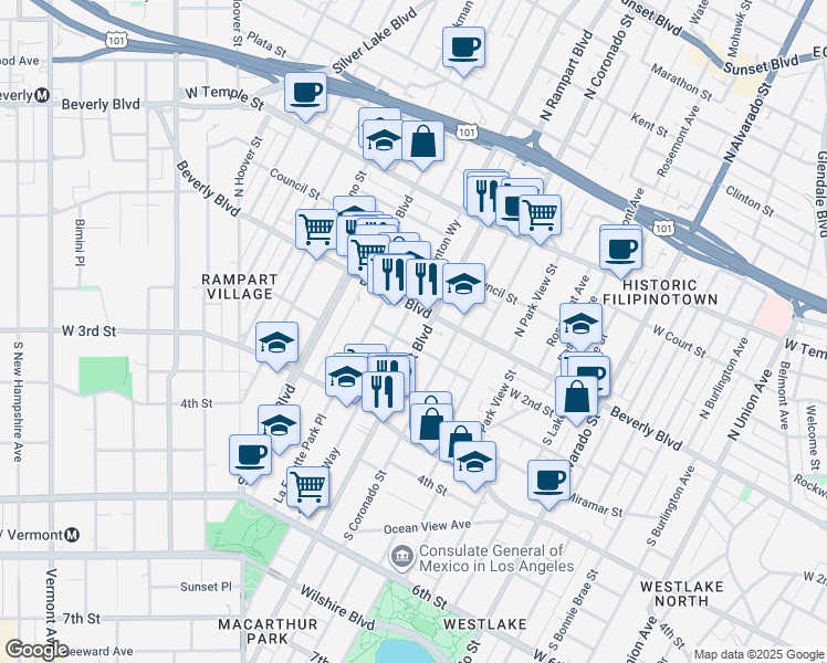 map of restaurants, bars, coffee shops, grocery stores, and more near 121 South Rampart Boulevard in Los Angeles