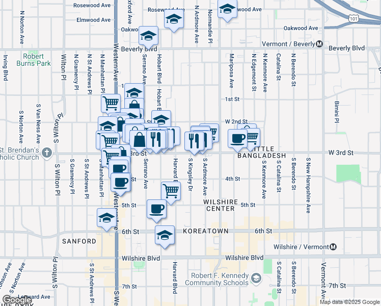 map of restaurants, bars, coffee shops, grocery stores, and more near West 3rd Street & South Kingsley Drive in Los Angeles