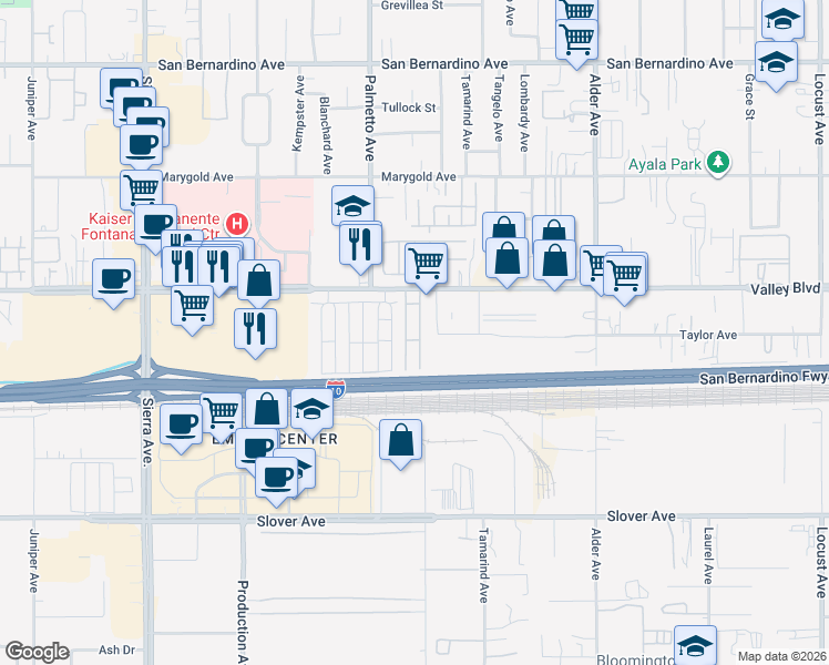 map of restaurants, bars, coffee shops, grocery stores, and more near 17377 Valley Boulevard in Fontana