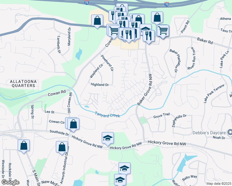 map of restaurants, bars, coffee shops, grocery stores, and more near 648 Windcroft Circle Northwest in Acworth
