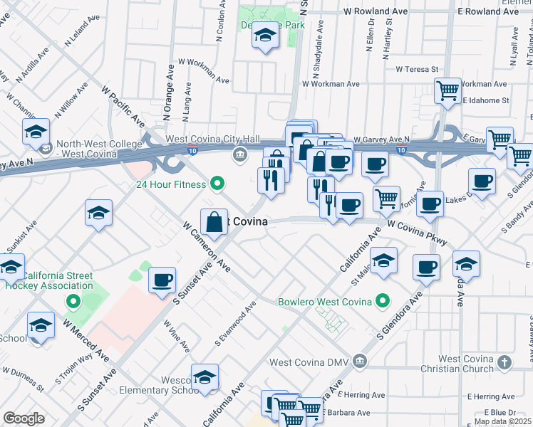 map of restaurants, bars, coffee shops, grocery stores, and more near 666 South Sunset Avenue in West Covina
