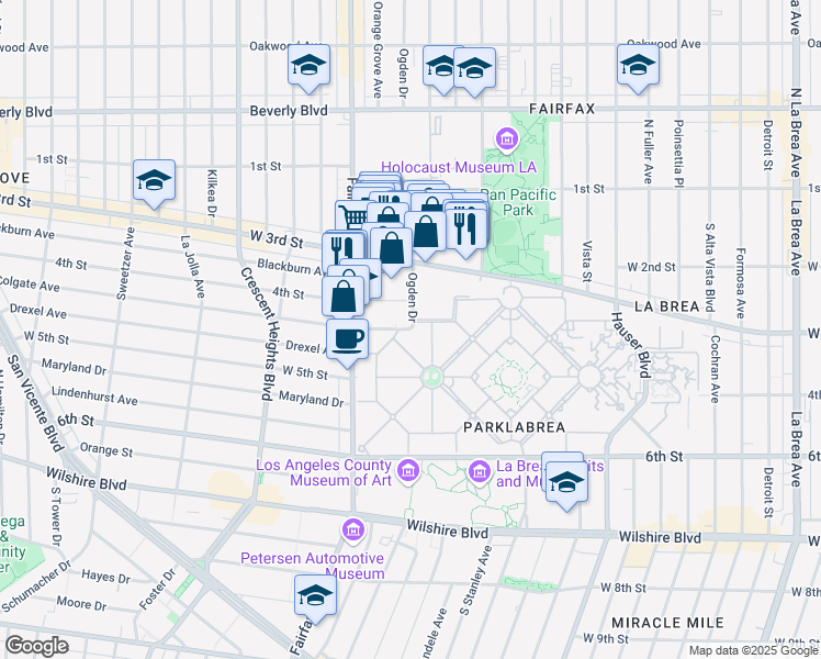 map of restaurants, bars, coffee shops, grocery stores, and more near Colgate Ave & S Ogden Dr in Los Angeles