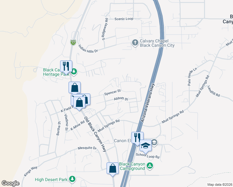map of restaurants, bars, coffee shops, grocery stores, and more near 19361 Spencer Street in Black Canyon City