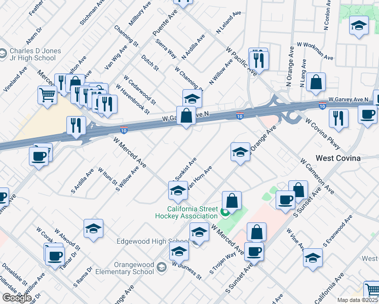 map of restaurants, bars, coffee shops, grocery stores, and more near 1008 South Meeker Avenue in West Covina
