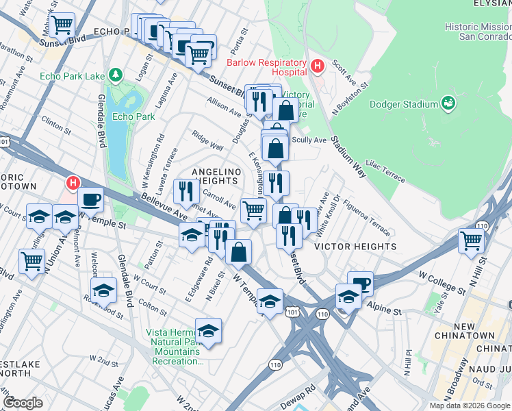 map of restaurants, bars, coffee shops, grocery stores, and more near 731 East Kensington Road in Los Angeles