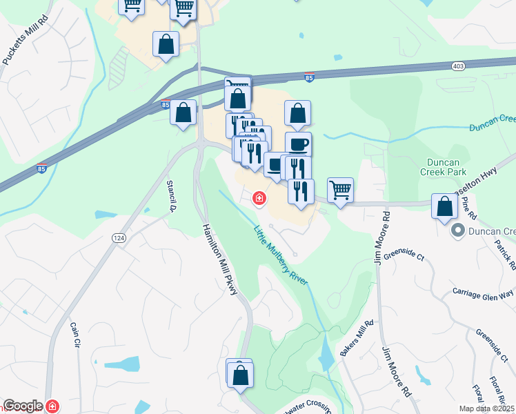 map of restaurants, bars, coffee shops, grocery stores, and more near 2055 Hamilton Creek Parkway in Dacula