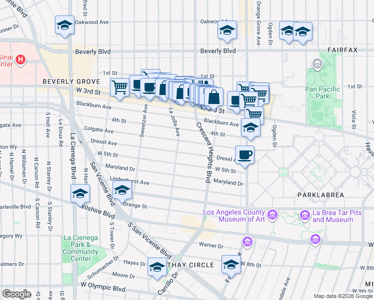 map of restaurants, bars, coffee shops, grocery stores, and more near 6454 Colgate Avenue in Los Angeles