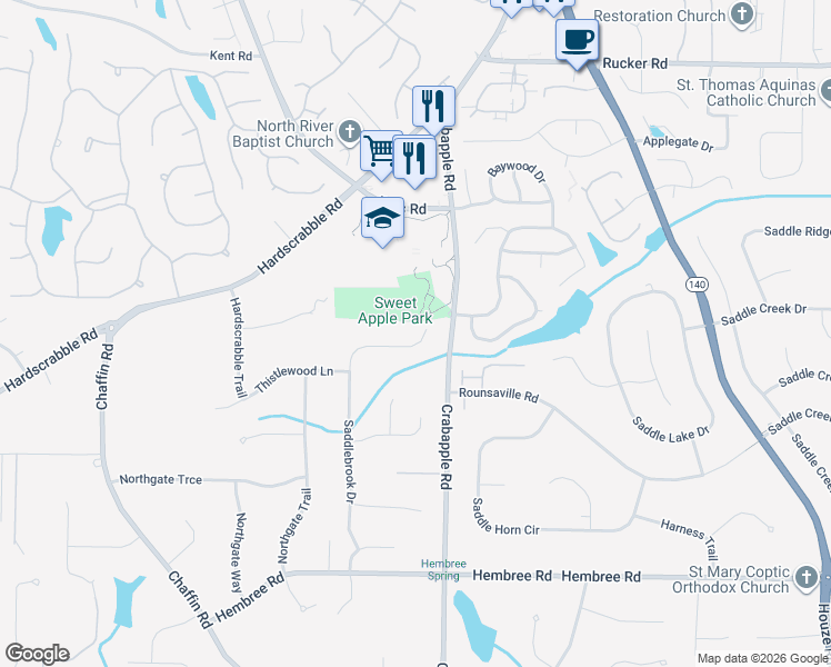 map of restaurants, bars, coffee shops, grocery stores, and more near 525 Saddlebrook Drive in Roswell
