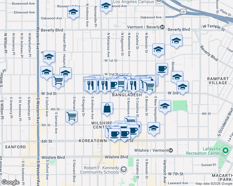 map of restaurants, bars, coffee shops, grocery stores, and more near 3807 W 3rd St in Los Angeles