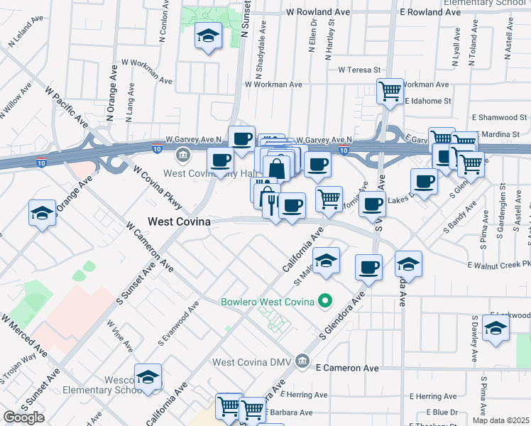 map of restaurants, bars, coffee shops, grocery stores, and more near 1129 West Covina Parkway in West Covina