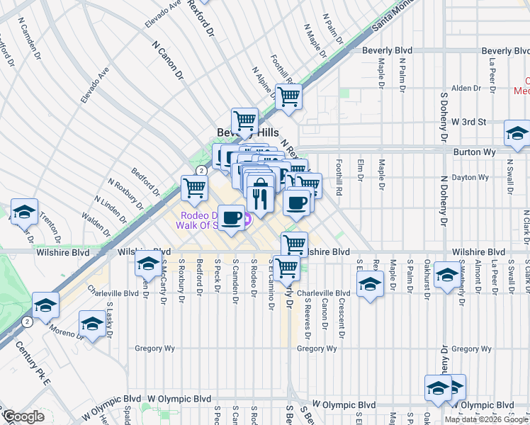 map of restaurants, bars, coffee shops, grocery stores, and more near 330 North Beverly Drive in Beverly Hills