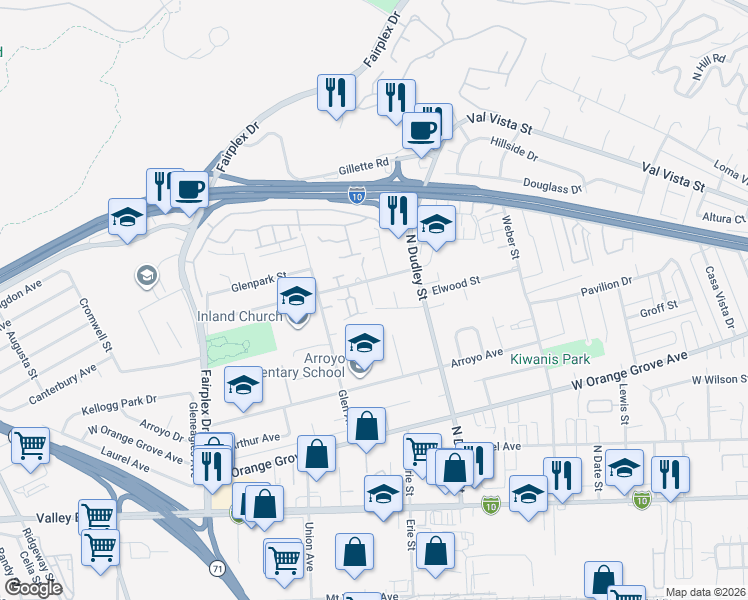 map of restaurants, bars, coffee shops, grocery stores, and more near 1563 La Vita Avenue in Pomona