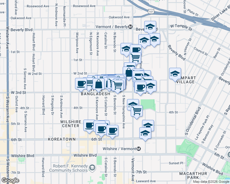 map of restaurants, bars, coffee shops, grocery stores, and more near W 3rd St & S Berendo St in Los Angeles
