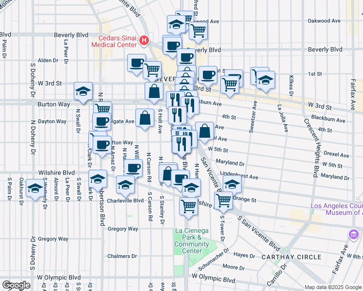 map of restaurants, bars, coffee shops, grocery stores, and more near 166 Le Doux Road in Beverly Hills