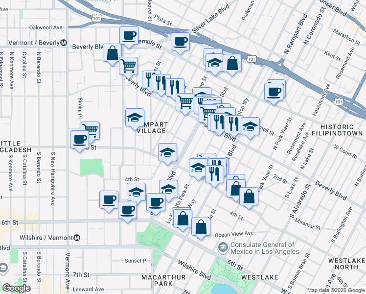 map of restaurants, bars, coffee shops, grocery stores, and more near 145 South Occidental Boulevard in Los Angeles