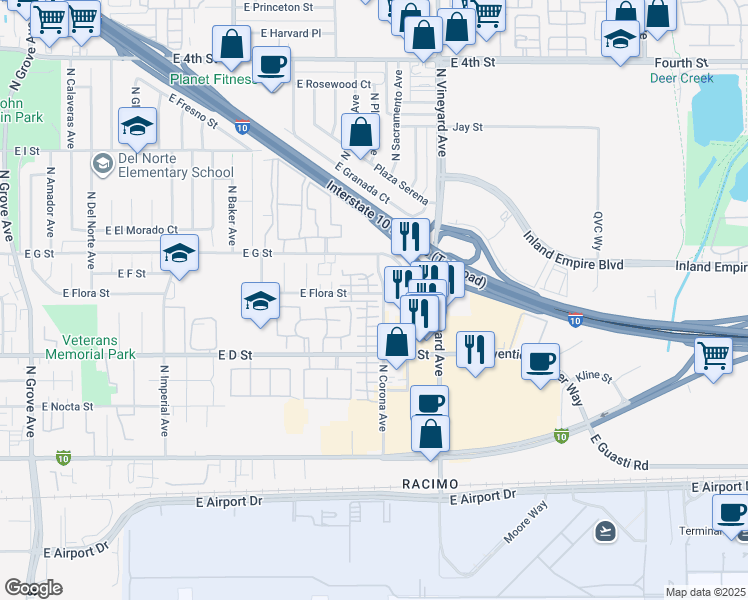 map of restaurants, bars, coffee shops, grocery stores, and more near 1780 East Flora Street in Ontario