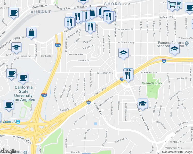 map of restaurants, bars, coffee shops, grocery stores, and more near 2115 South Meridian Avenue in Alhambra