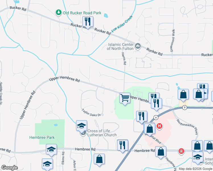 map of restaurants, bars, coffee shops, grocery stores, and more near 1110 Upper Hembree Road in Roswell
