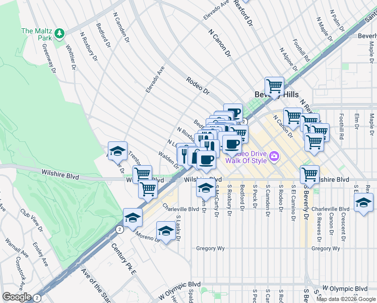 map of restaurants, bars, coffee shops, grocery stores, and more near 506 North Linden Drive in Beverly Hills
