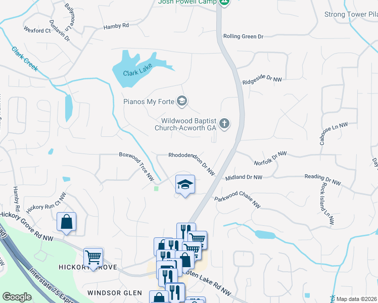 map of restaurants, bars, coffee shops, grocery stores, and more near 1396 Rhododendron Drive Northwest in Acworth
