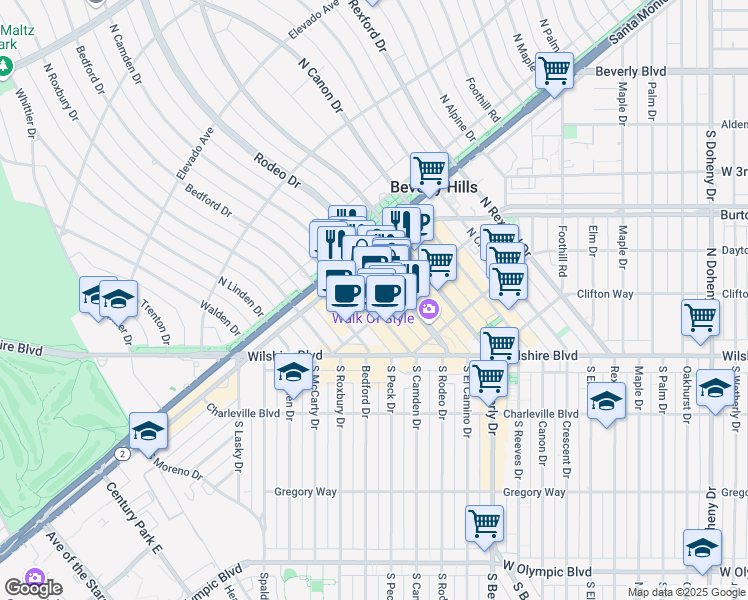 map of restaurants, bars, coffee shops, grocery stores, and more near 405 North Rodeo Drive in Beverly Hills