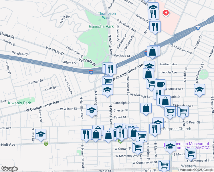 map of restaurants, bars, coffee shops, grocery stores, and more near 1192 North White Avenue in Pomona