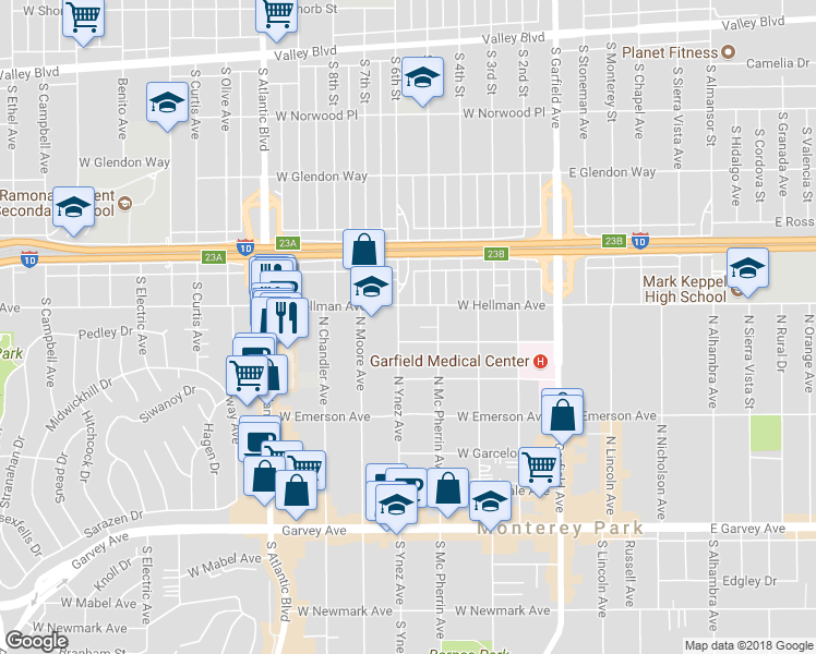 map of restaurants, bars, coffee shops, grocery stores, and more near 614 North Ynez Avenue in Monterey Park