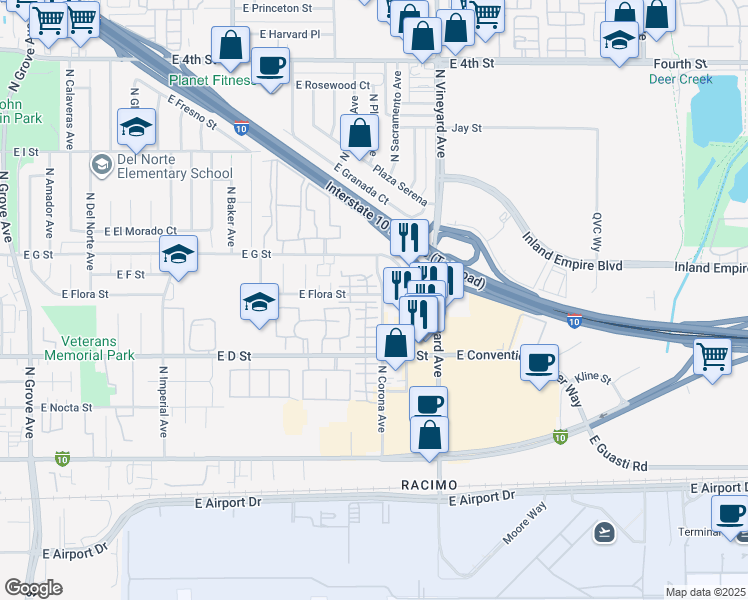 map of restaurants, bars, coffee shops, grocery stores, and more near 1780 East Flora Street in Ontario