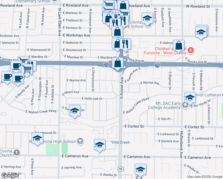 map of restaurants, bars, coffee shops, grocery stores, and more near 216 South Homerest Avenue in West Covina