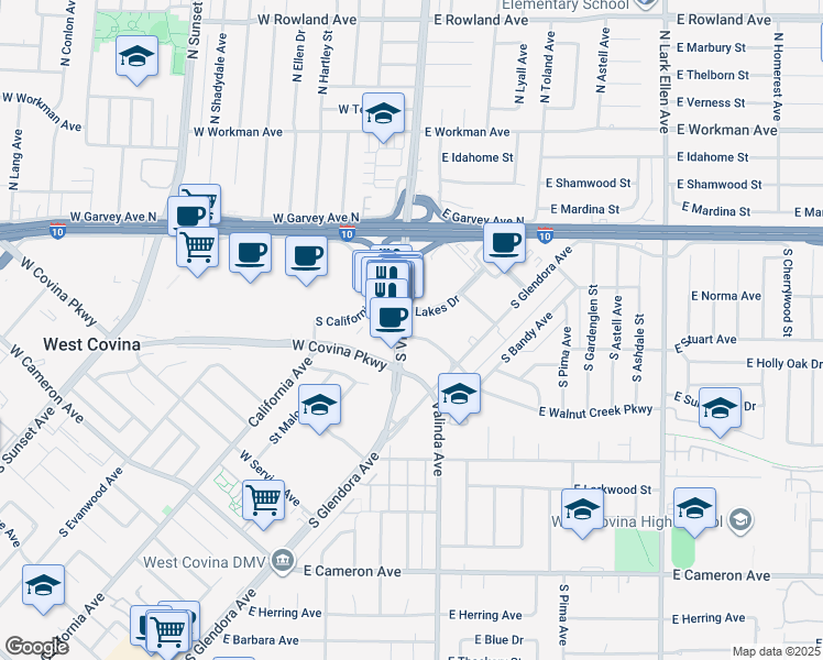 map of restaurants, bars, coffee shops, grocery stores, and more near 300 South California Avenue in West Covina