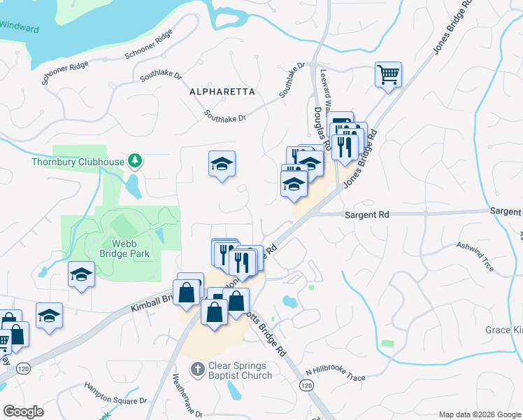 map of restaurants, bars, coffee shops, grocery stores, and more near 6415 Bannerhorn Run in Alpharetta