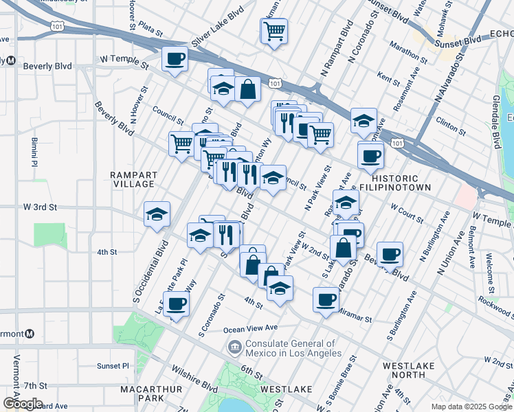 map of restaurants, bars, coffee shops, grocery stores, and more near 110 South Rampart Boulevard in Los Angeles