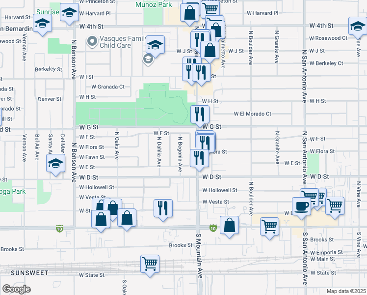 map of restaurants, bars, coffee shops, grocery stores, and more near 510 North Begonia Avenue in Ontario