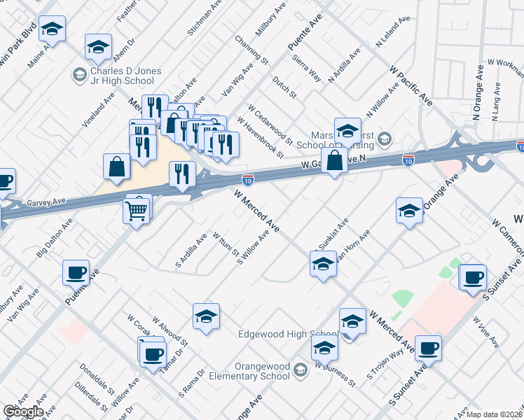 map of restaurants, bars, coffee shops, grocery stores, and more near 2225 West Merced Avenue in West Covina