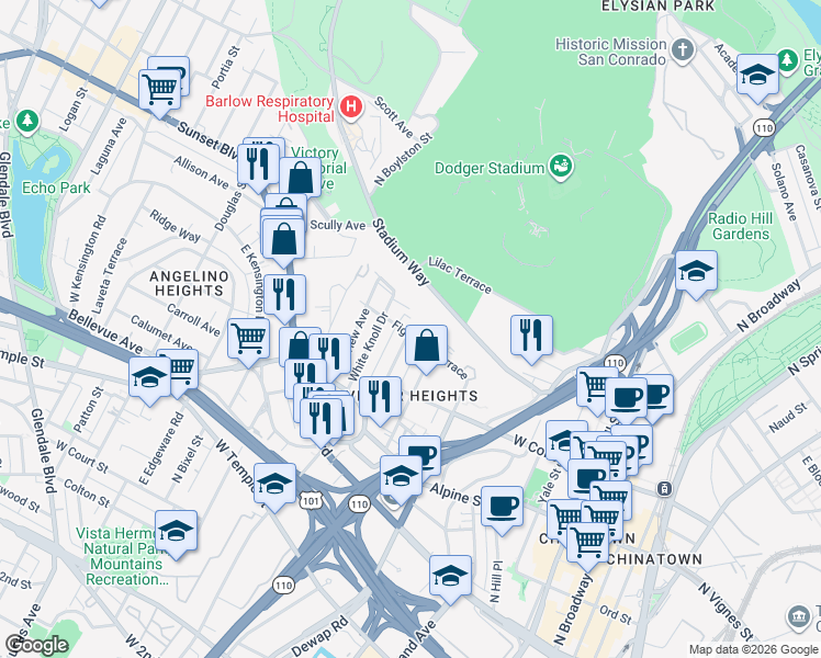 map of restaurants, bars, coffee shops, grocery stores, and more near 1035 Figueroa Terrace in Los Angeles