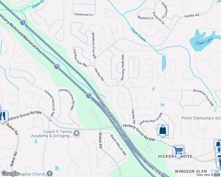map of restaurants, bars, coffee shops, grocery stores, and more near 4796 Hamby Road in Acworth