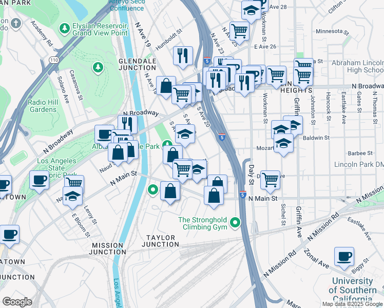 map of restaurants, bars, coffee shops, grocery stores, and more near 322 South Avenue 18 in Los Angeles