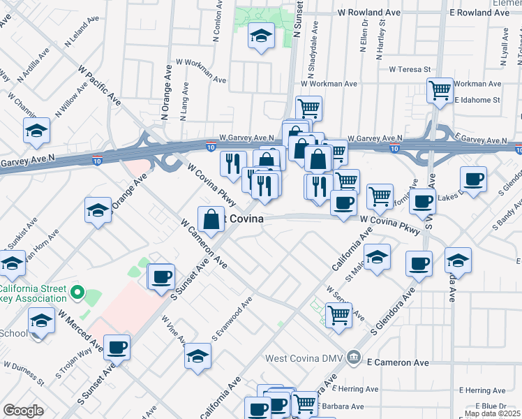 map of restaurants, bars, coffee shops, grocery stores, and more near 666 South Sunset Avenue in West Covina
