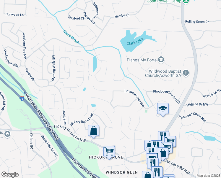map of restaurants, bars, coffee shops, grocery stores, and more near 1560 Boxwood Trce Northwest in Acworth
