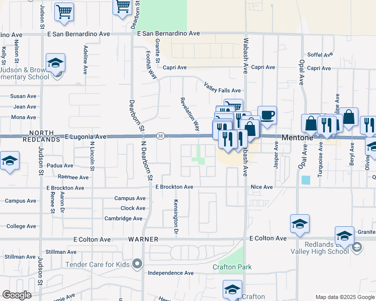 map of restaurants, bars, coffee shops, grocery stores, and more near 1255 Vía Antibes in Redlands